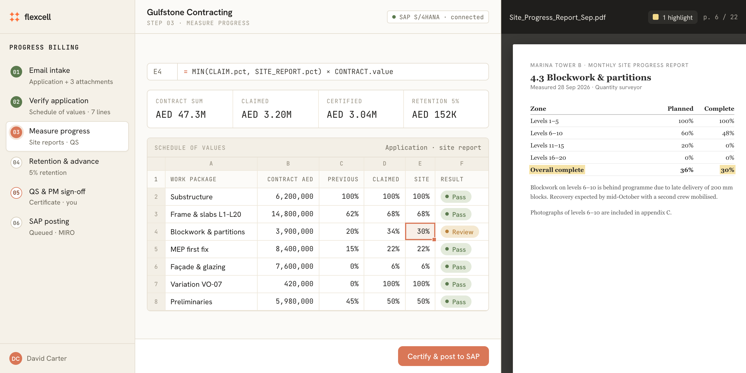 Flexcell progress billing: a schedule of values comparing claimed and site-measured progress, with the site report highlighted.